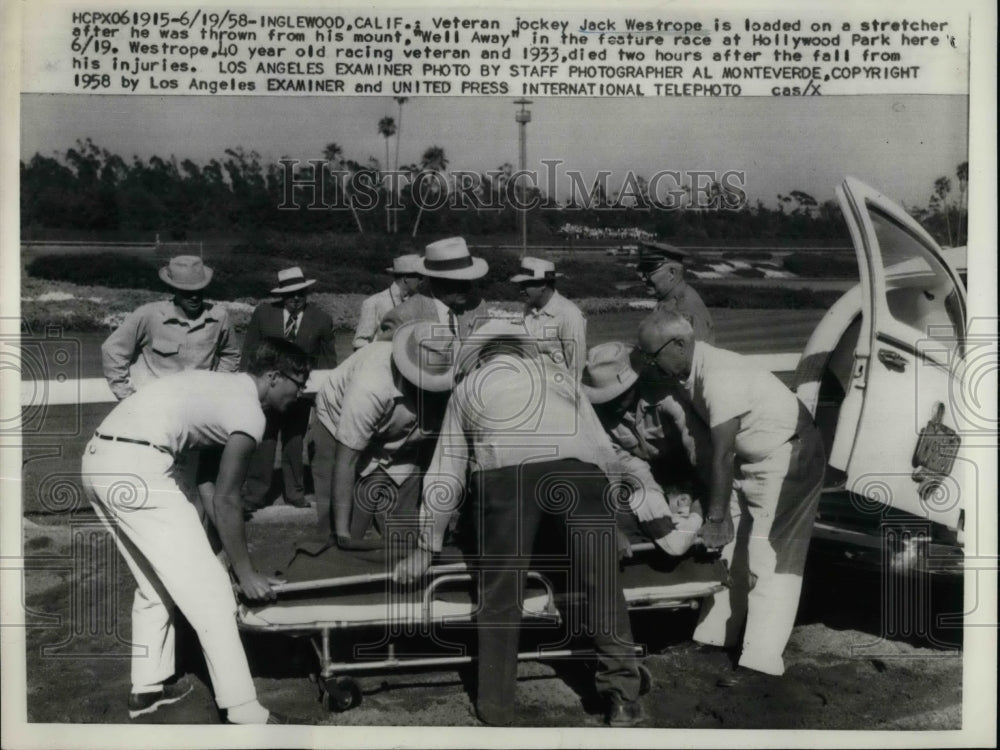 1958 Press Photo jockey Jack Westrope loaded onto ambulance, Hollywood ...