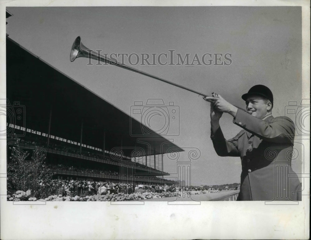 1966 Press Photo Man Blows Large Horn - Historic Images
