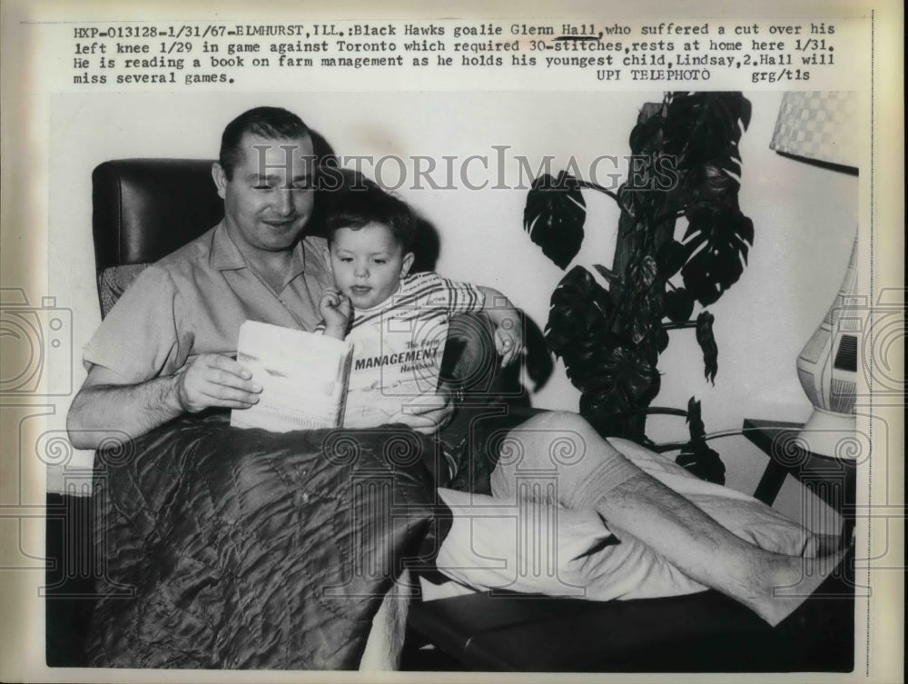 1967 Press Photo Black Hawks Goalie Glenn Hall Resting at Home With Injured Knee - Historic Images