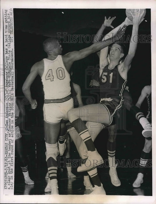 1963 Press Photo Dan Anderson Augsburg College Blocked By Spencer Watkins WV - Historic Images