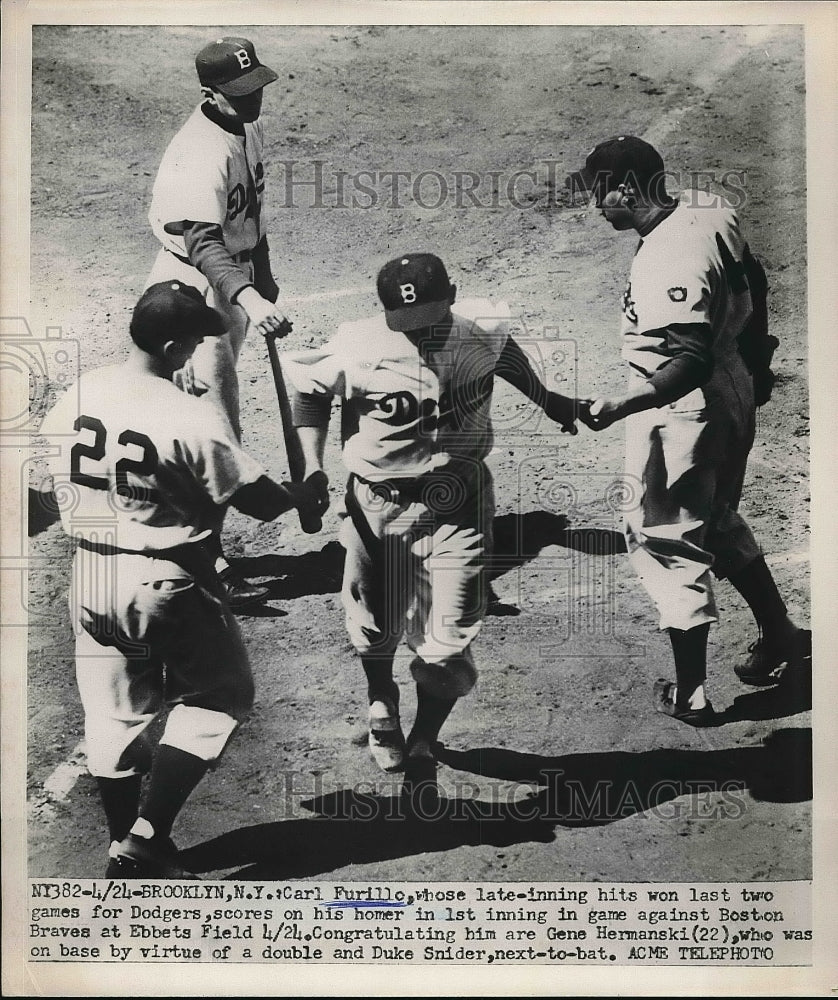 1951 Carl Furillo Scores On Home Run Gene Hermanski Duke Snider MLB - Historic Images