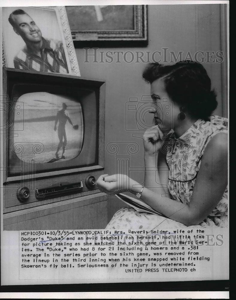 1955 Wife of Dodgers Player Duke Snider Beverly Watching Game on TV - Historic Images