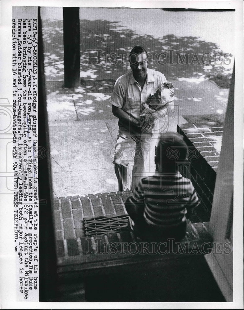 1955 Dodger Duke Snider Entering Home with Son Kevin in Brooklyn - Historic Images