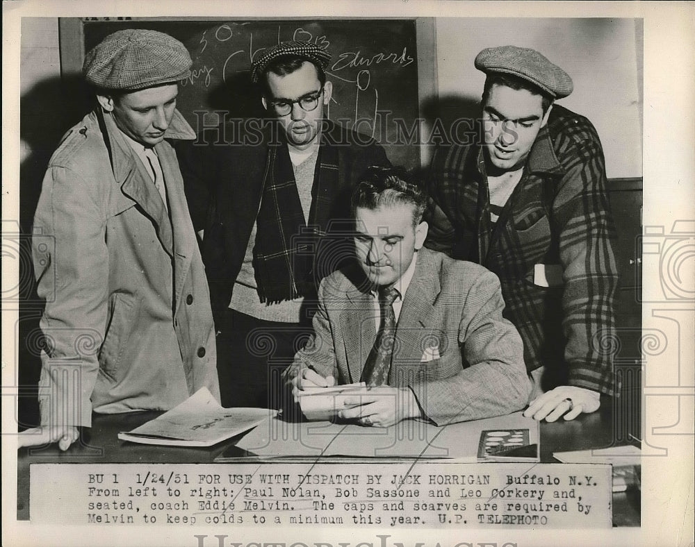 1951 P. Nolan, Bob Sassone, Leo Corkery, coach Eddie Melvin - Historic Images