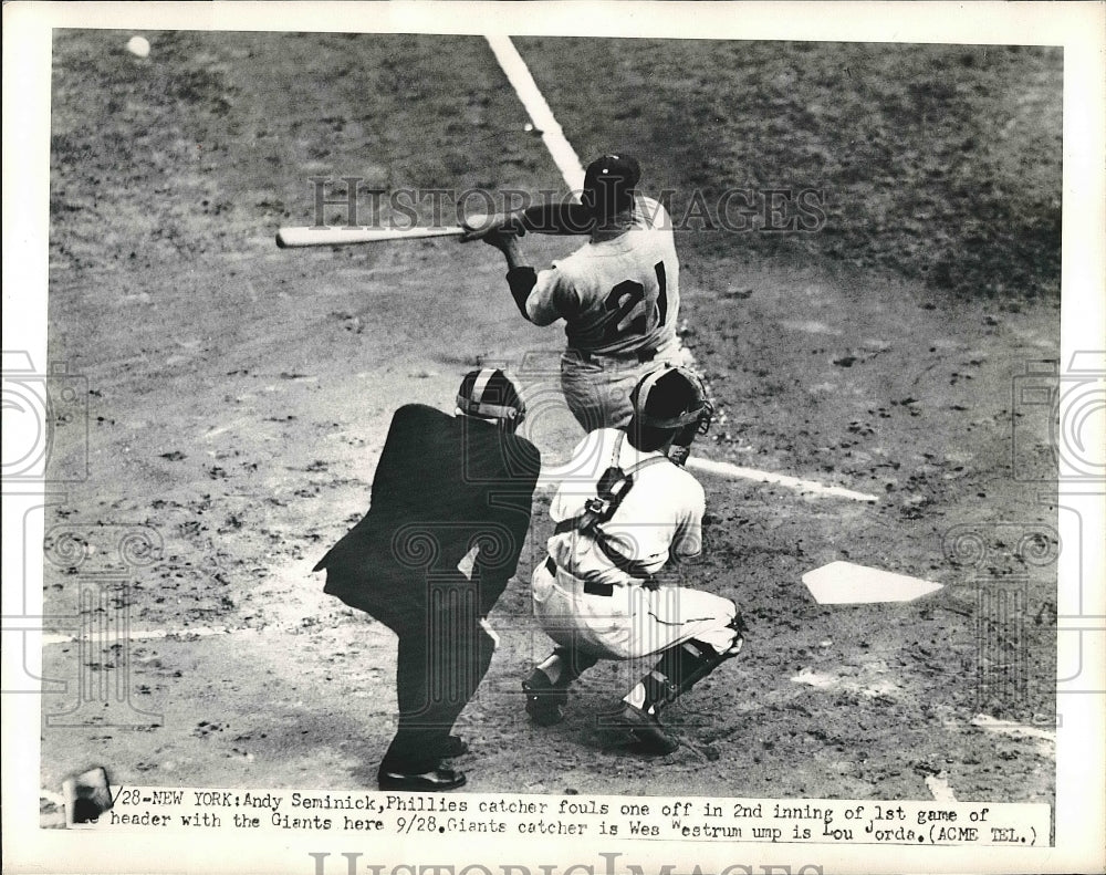 1950 Press Photo Andy Seminick of Phillies Hits Foul Ball, Wes Westrum of Giants - Historic Images