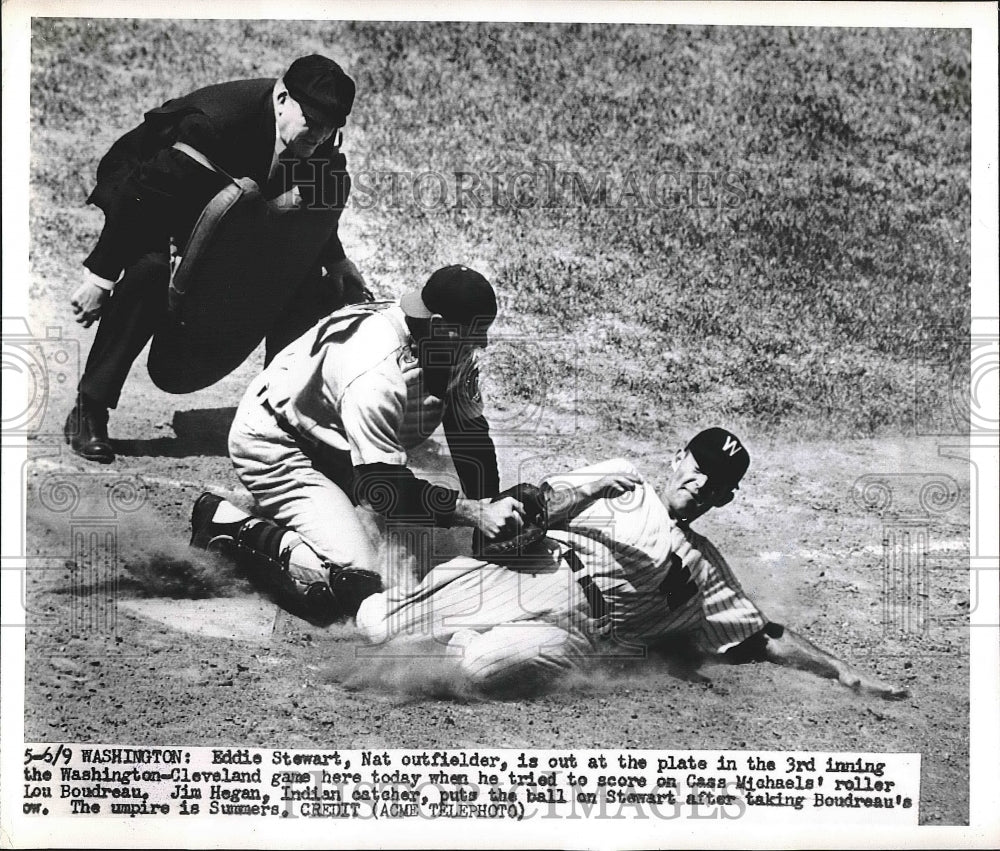 1950 Press Photo Eddie Stewart of Nationals is Out, Jim Hegan of Indians - Historic Images