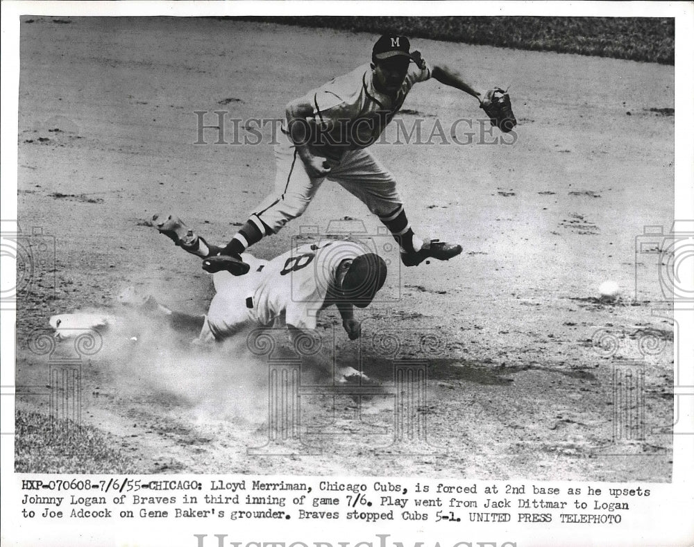 1955 Chicago Cubs Lloyd Merriman Out at Second by Johnny Logan - Historic Images