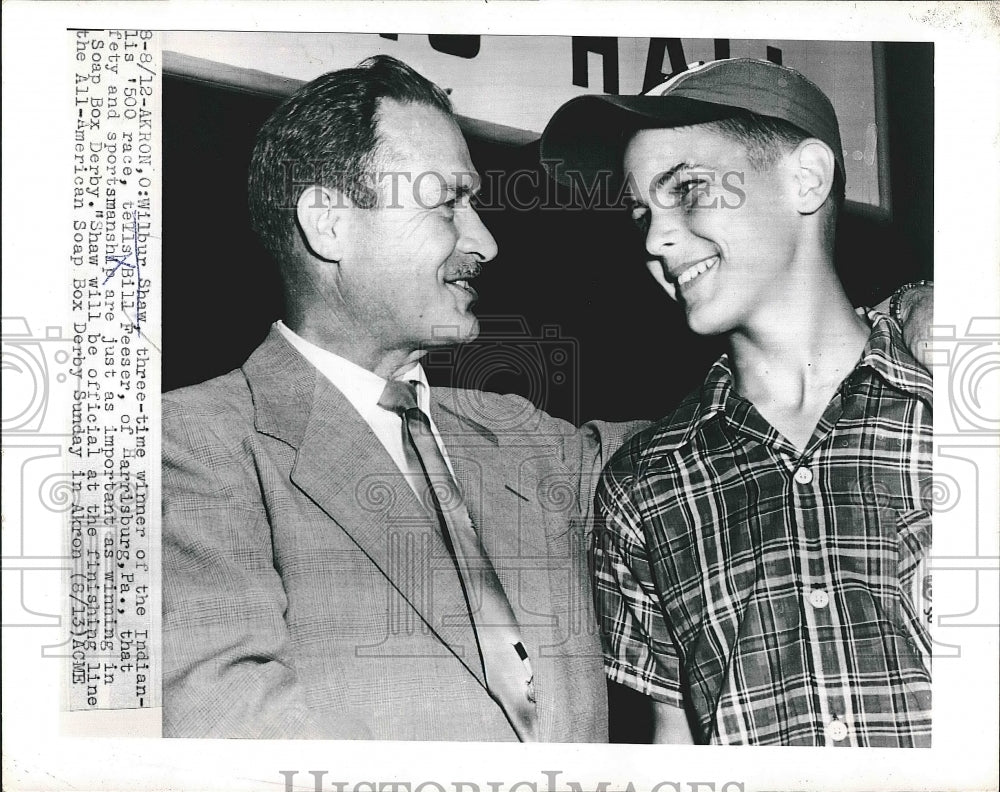 1950 Press Photo Race Car Driver Wilbur Shaw at Soap Box Derby with Bill Freeser - Historic Images