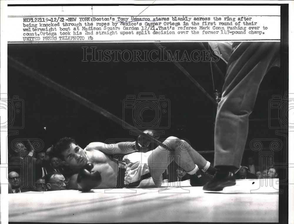 1957 Press Photo Boxer Tony Demarco Knocked Out by Gaspar Ortega in New York - Historic Images
