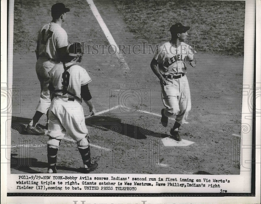 1954 Press Photo Bobby Avila, Dave Philley Cleveland Indians, Wes Westrum Giants - Historic Images
