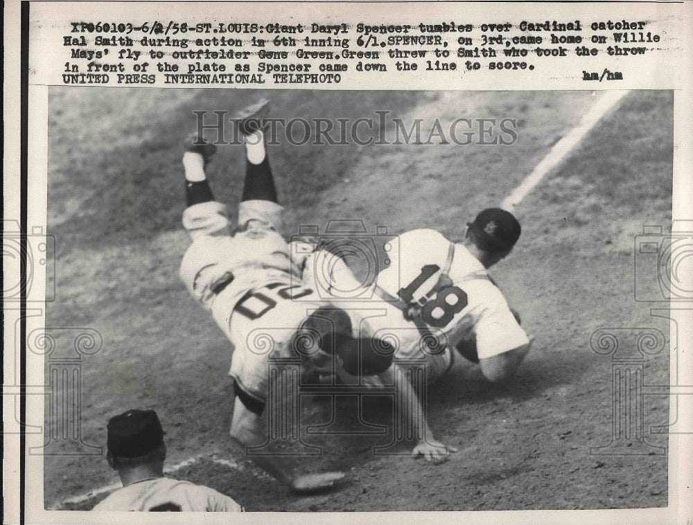 1958 Press Photo Daryl Spencer and Hal Smith of Giants and Cardinals - Historic Images