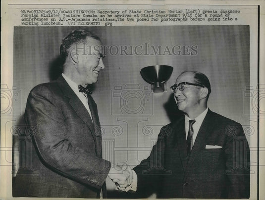 1960 Press Photo Secretary of State Christian Herter Greeting Zentaro Kosaka - Historic Images