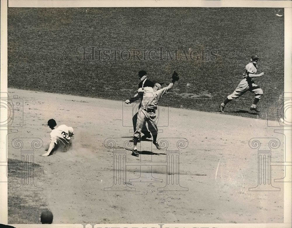 1938 Selkirk of Yankees Safe at 2nd Base in 4th Inning of !st Game - Historic Images