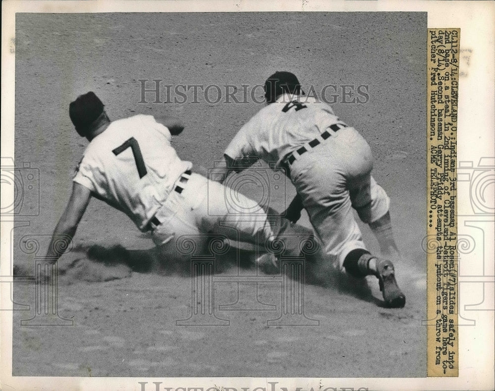 1952 Indians Third Baseman Al Rosen Sliding into Second Base - Historic Images