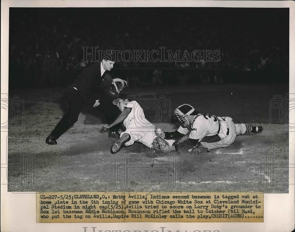 1951 Indians Bobby Avila Tagged at Home by White Sox Phil Masi - Historic Images
