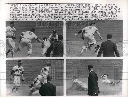 1962 Press Photo Bob Lillis Colts Shortstop Tagged Out By Joe Adcock Braves - Historic Images