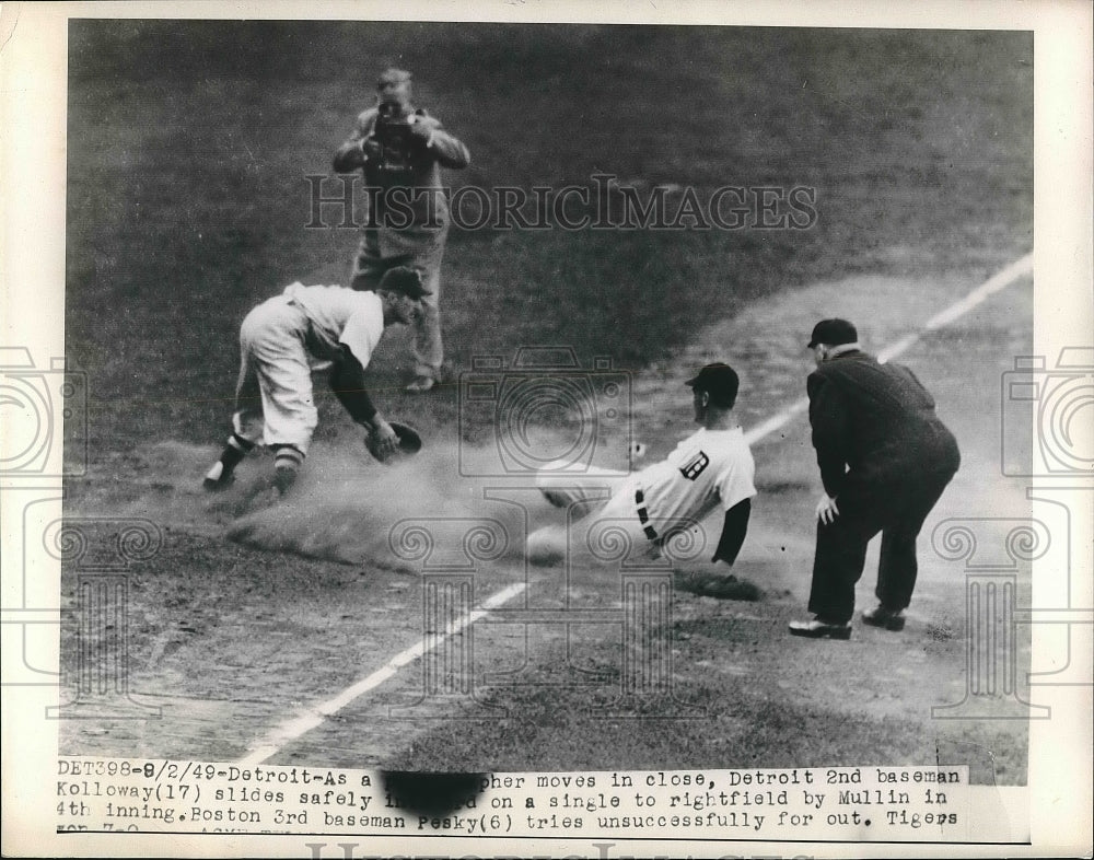 1949 Press Photo Tiger 2nd Baseman Kolloway Slides Safely Into 3rd - Historic Images