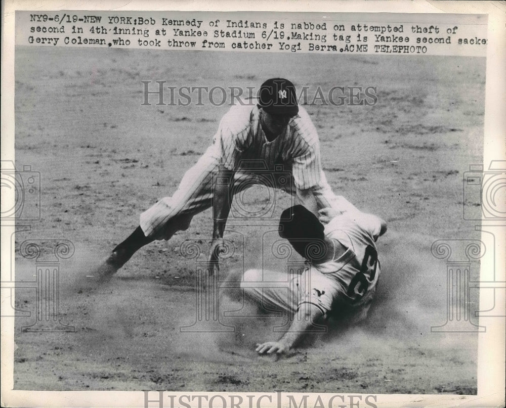 1949 Indians Bob Kennedy Out at 2nd On Attempted Theft  - Historic Images