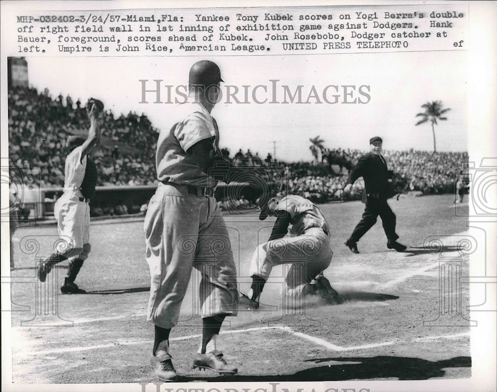 1957 Press Photo Hank Bauer and Tony Kubek score on Yogi Berra&#39;s double - Historic Images