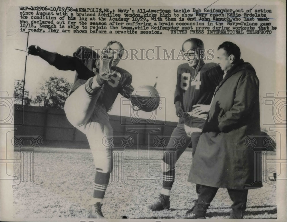 1958 Press Photo Navy Football Tackle Bob Reifsnyder,Eddie Erdelats,John Kanuch - Historic Images