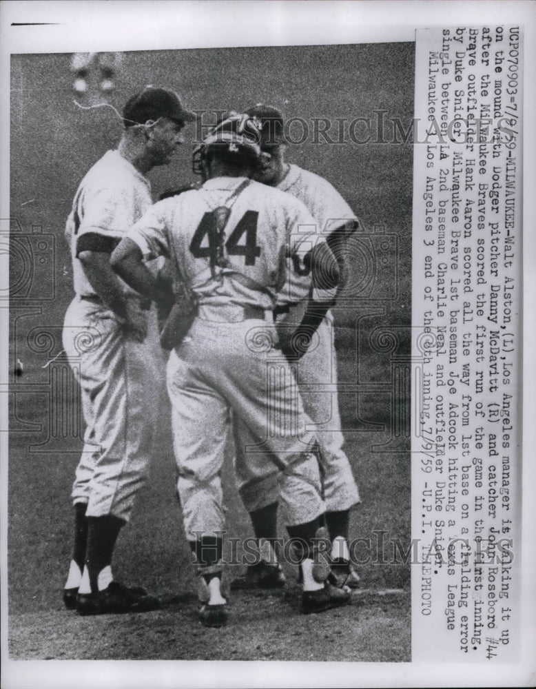 1959 Walt Alston Dodgers Danny McDavitt Pitcher John Roseboro MLB - Historic Images