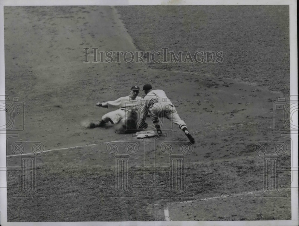 1934 Jorgens Out at Third in Yankee and Cleveland Game - Historic Images