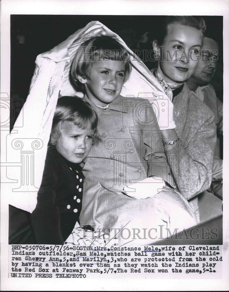 1956 Press Photo Mrs Constance Mele &amp; kids watch dad play baseball for Indians - Historic Images