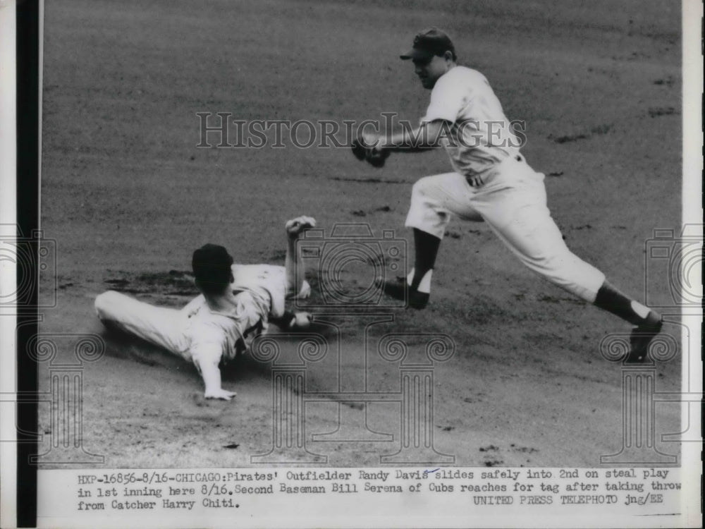 1952 Randy Davis Outfielder Pirates Slides Safe 2nd Bill Serena Cubs - Historic Images