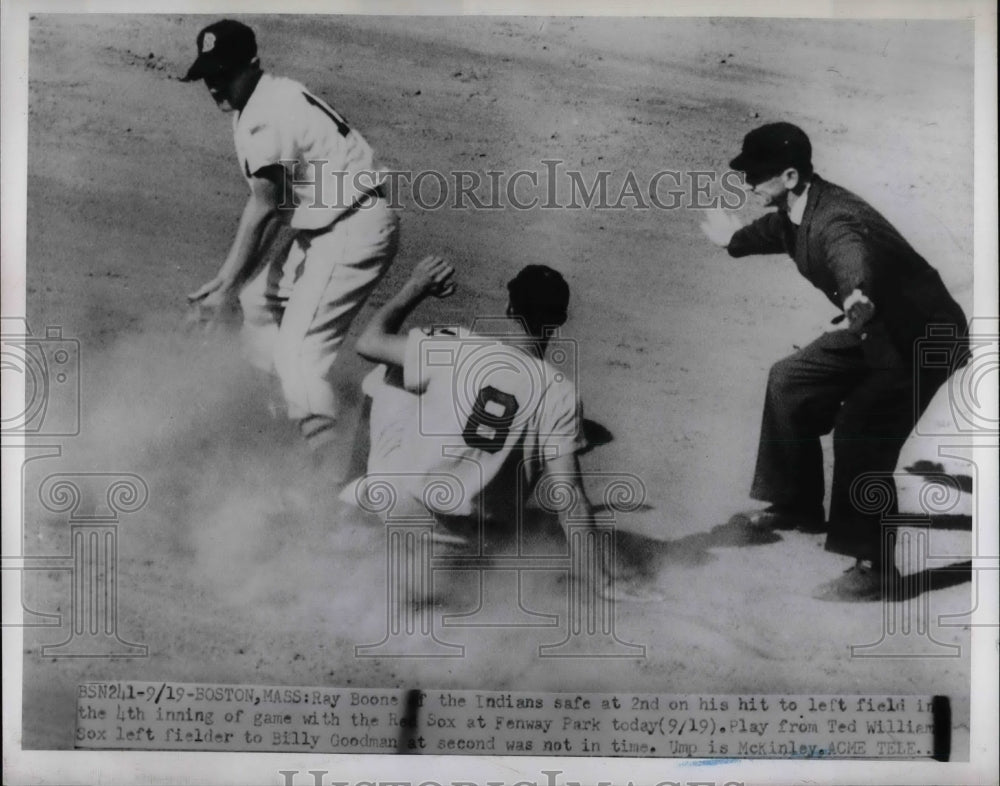 1951 Cleveland Indians Ray Boone Safe on 2nd at Boston Red Sox - Historic Images