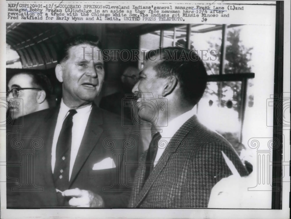 1957 Press Photo Frank Lane and Bobby Bragan face newsmen after revelation - Historic Images