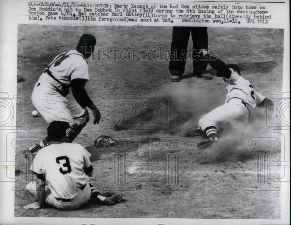 1960 Press Photo Red Sox Marty Keough Slides Home Red Sox Vs. Nationals - Historic Images