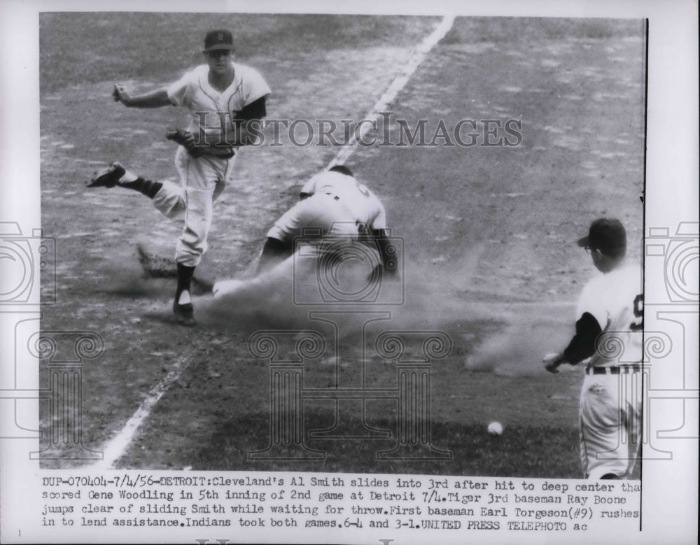 1956 Press Photo Indians Al Smith slides to 3rd vs Tigers Ray Boone-Historic Images