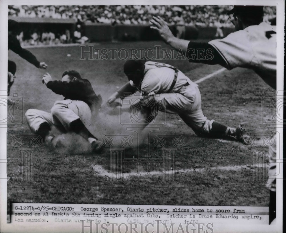 1951 Press Photo Giants George Spencer slides home vs Cubs Bruce Edwards-Historic Images