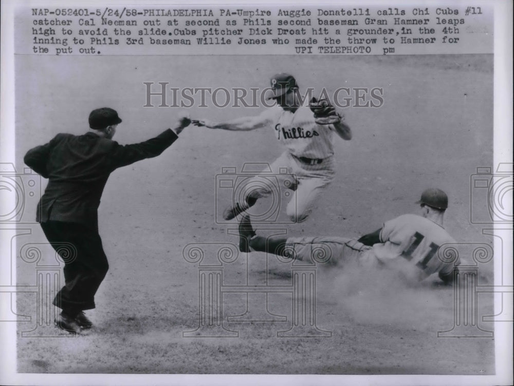 1958 Ump A Donatelli callsCubs Cal Neeman out at 2nd vs Phils Hamner - Historic Images