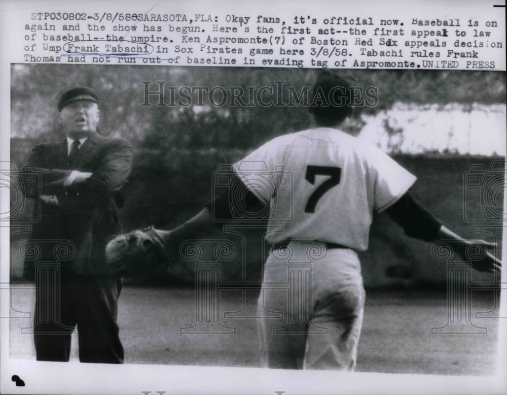 1958 Press Photo Ump Frank Tabachi & Red Sox player Ken Aspromonte-Historic Images