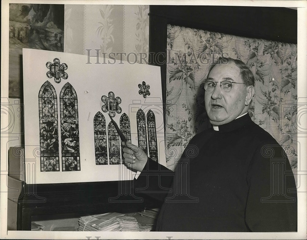1948 Press Photo Rev. Eugene DeKat Points Out Window Design - Historic Images