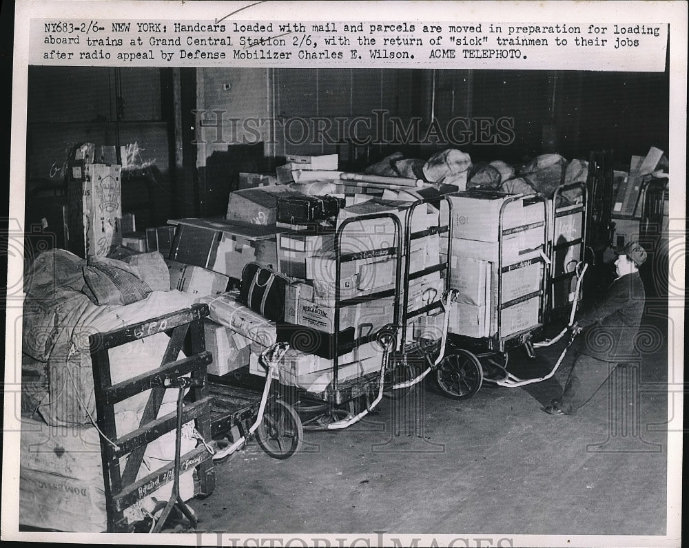 1951 Handcars loaded w/ mail & parcels ready for loading aboard - Historic Images