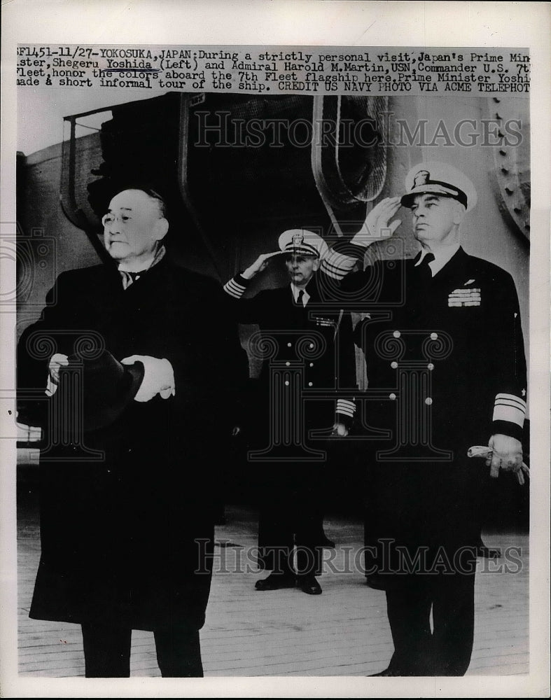 1951 Press Photo Japan Prime Minister Shegeru Yoshida &amp; U.S Adm. Harold Martin.-Historic Images