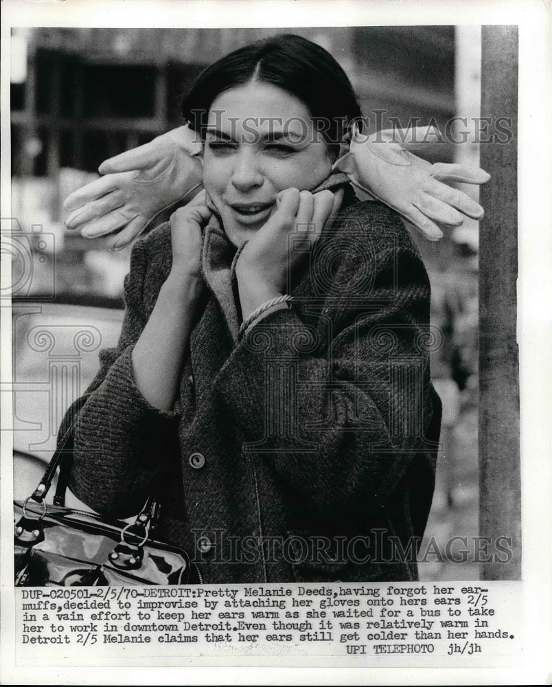 1970 Melanie Deeds Uses Gloves To Warm Her Ears In Detroit - Historic Images
