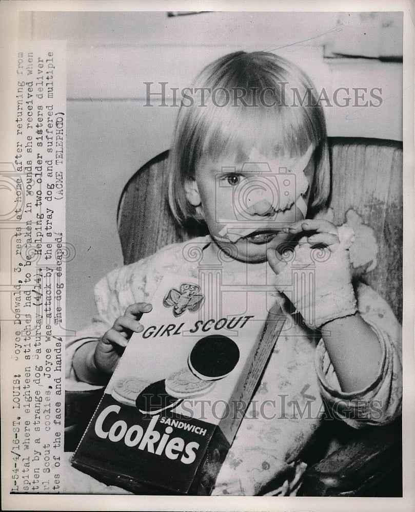 1951 Press Photo Joyce Doswald. 3 after 18 stitches from a dog bite in St Louis - Historic Images