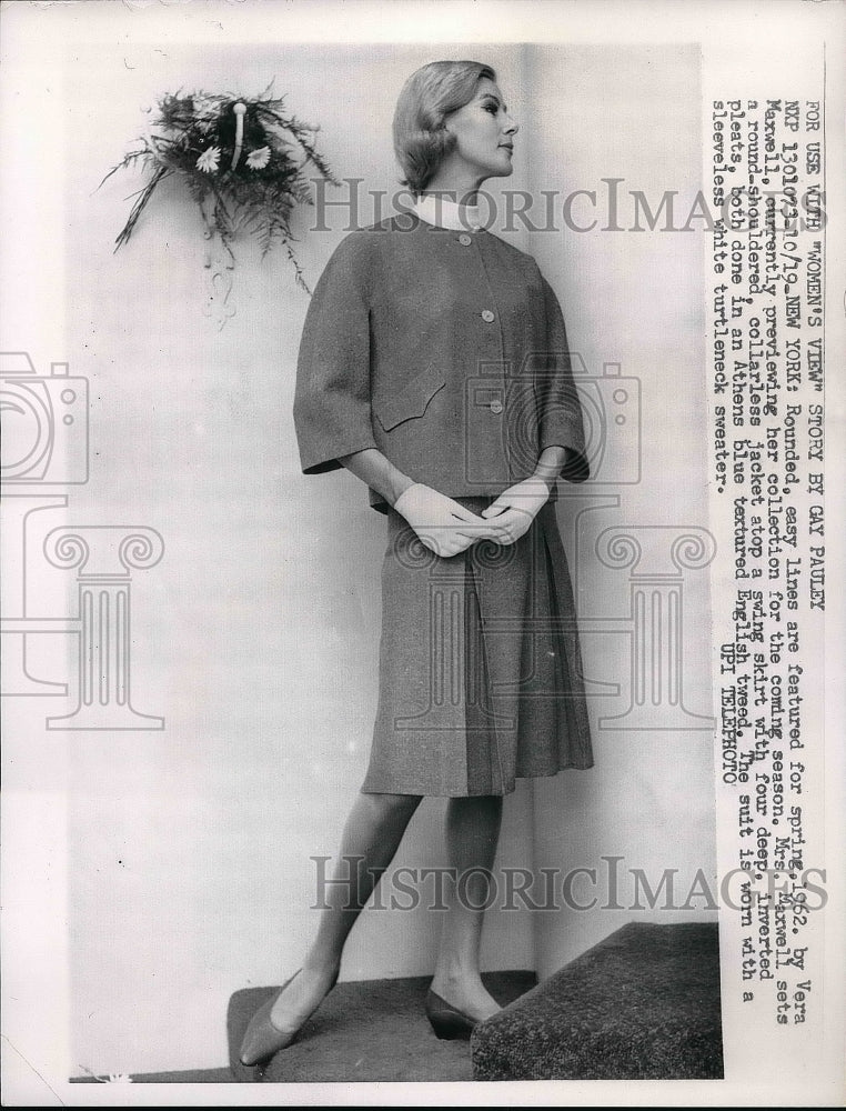 1961 Vera Maxwell showing off latest in her fashion line  - Historic Images
