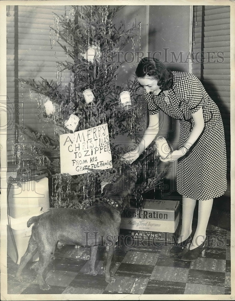1939 Press Photo Rescue Dog Zipper with Special Christmas Tree and Owner Kelly - Historic Images