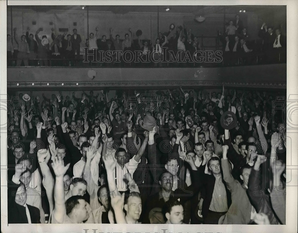 1941 Workers of Aluminum Co. cheering at the union hall after Voting - Historic Images