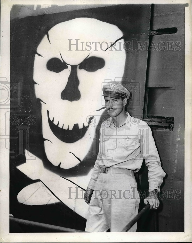 1943 Col. A. H. Rogers Stands Beside Skull &amp; Crossbones Mascot - Historic Images
