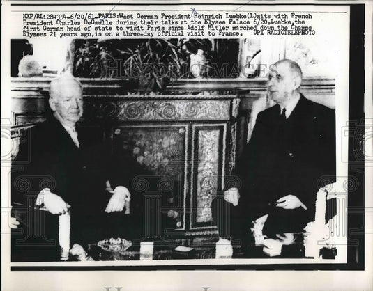 1961 German President Heinrich Luebke French Pres. Charles DeGaulle - Historic Images