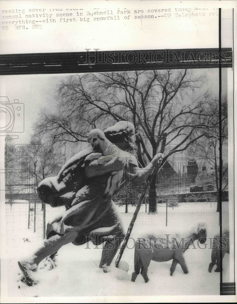 1957 View Of Nativity Scene In Bushnell Park Covered In Snow - Historic Images