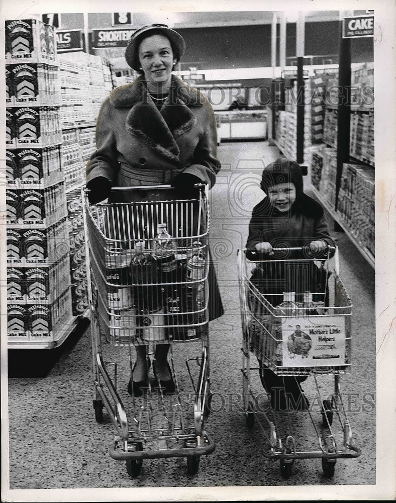 1953 Mrs. J.E. Jackson &amp; Son Jeffrey With Big &amp; Little Shopping Cart - Historic Images