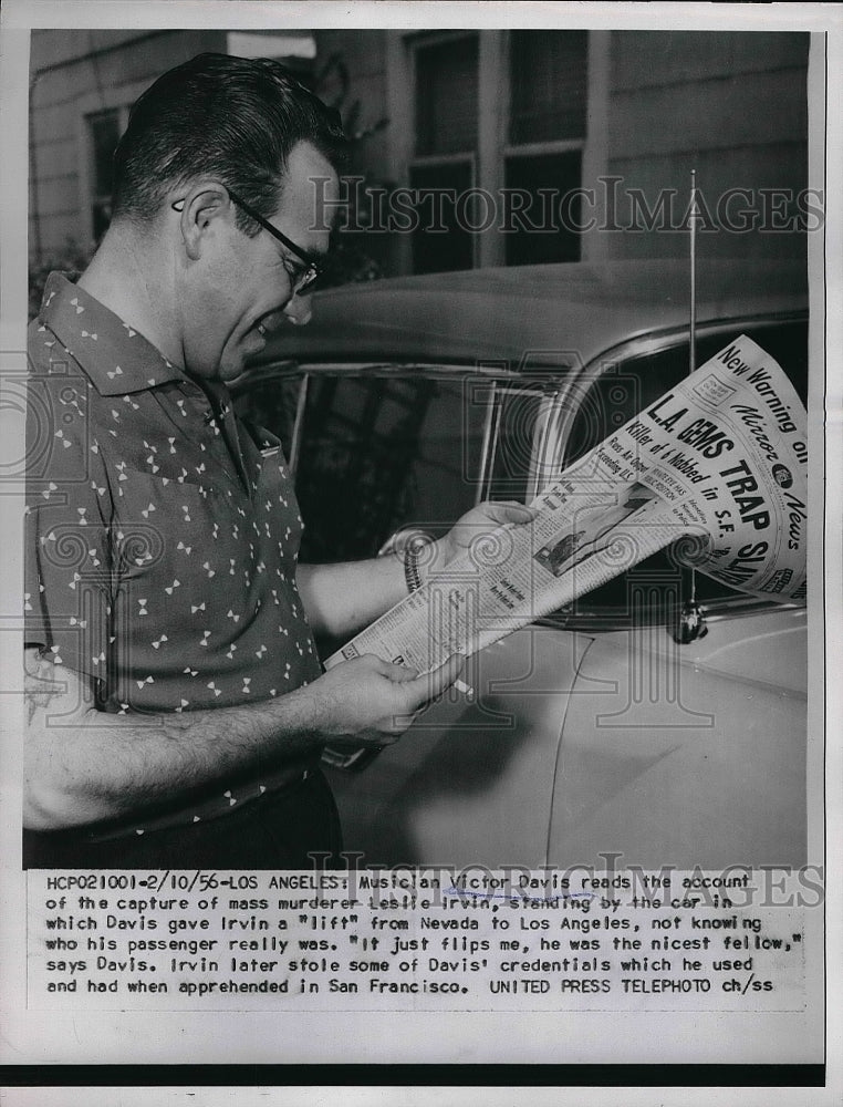 1956 Press Photo musician Victor Davis, gave mass killer Leslie Irvin a ride - Historic Images