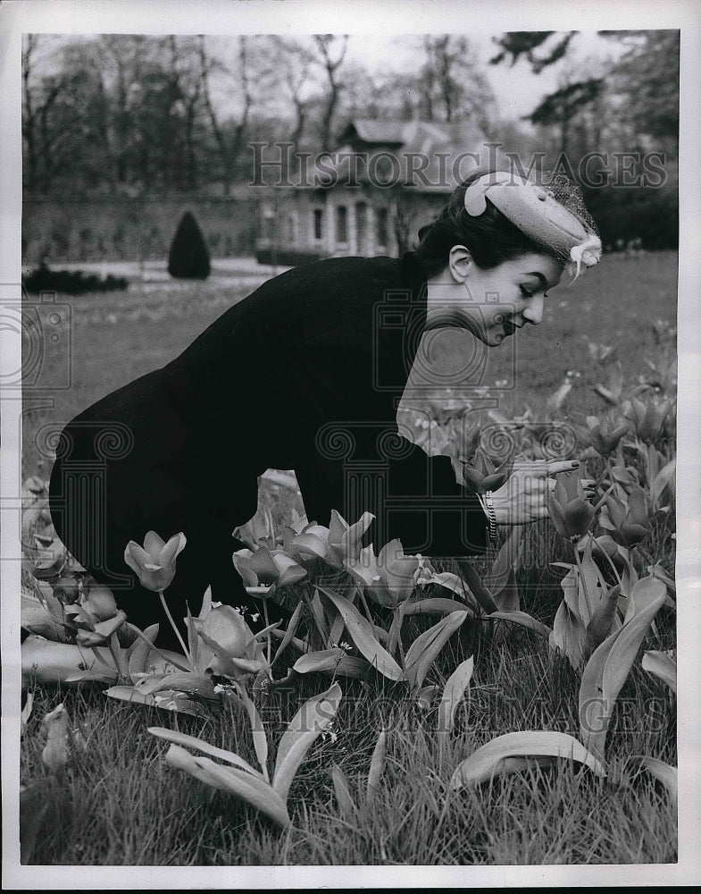 1954 Press Photo Danielle Saintoine Looks At Posies At Chateau De Bagatelle - Historic Images