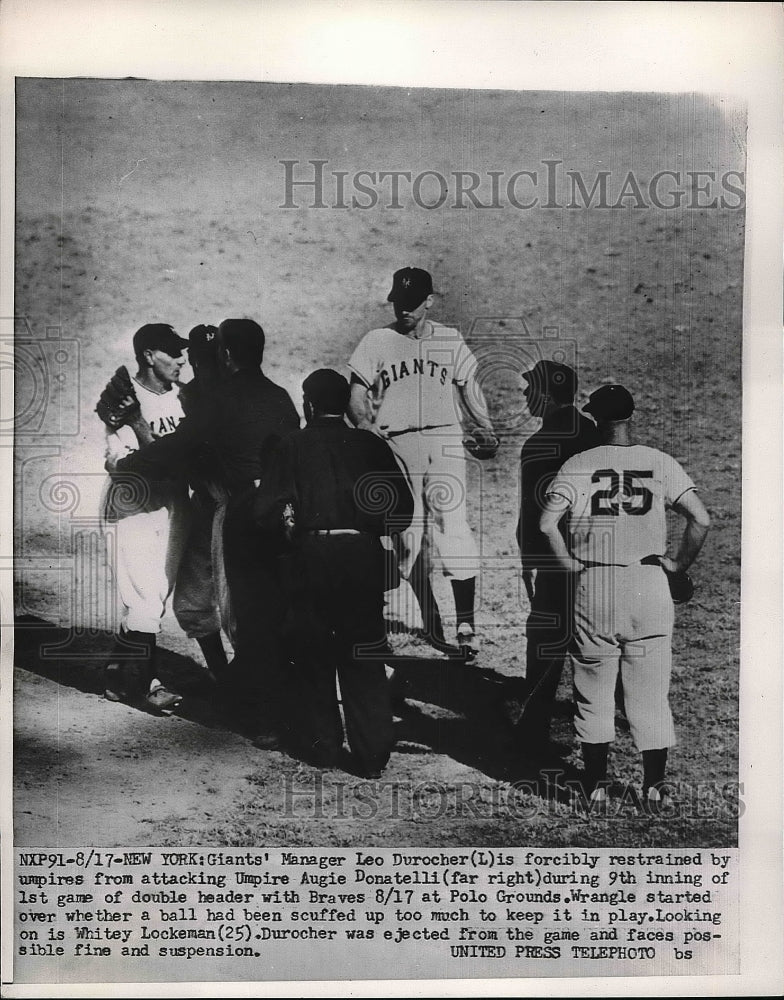 1952 Press Photo NY Giants mgr. Leo Durocher fighting with Ump. Augie Donatelli - Historic Images
